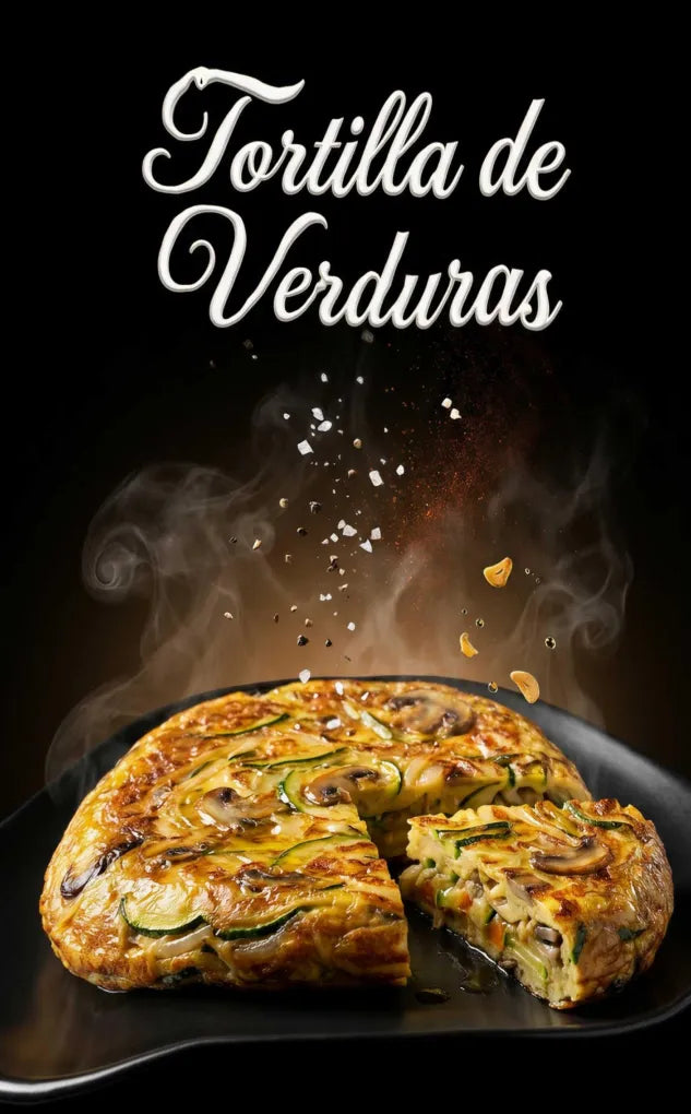 Low - carb vegetable tortilla with zucchini and mushrooms, sliced, on a black plate. Title: "Tortilla de Verduras".