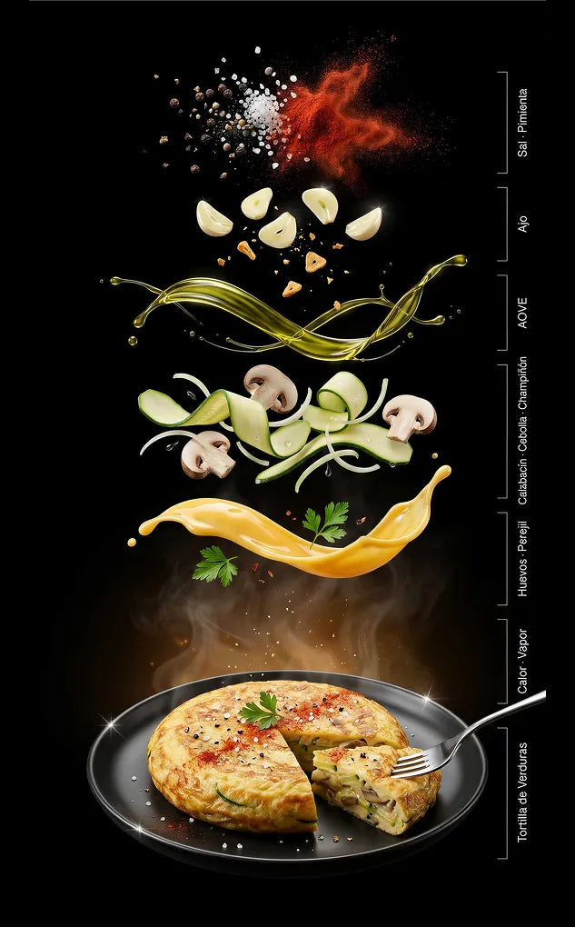 A low - carb tortilla de verduras with vegetables, oil, and spices flying above. Served on a black plate.