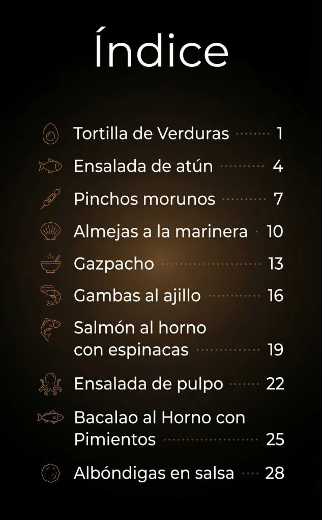 Índice of low - carbon recipes: Tortilla de Verduras, Ensalada de atún, etc. with icons.