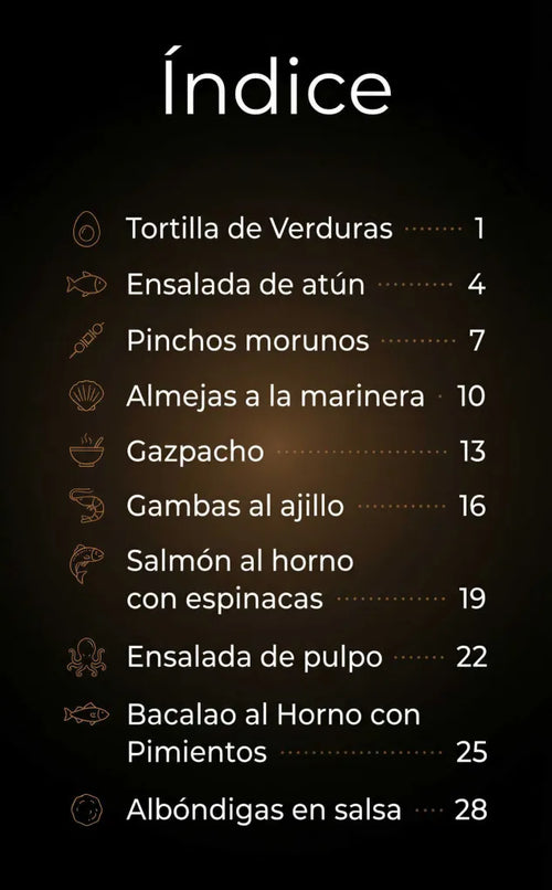 Índice of low - carbon recipes: Tortilla de Verduras, Ensalada de atún, etc. with icons.