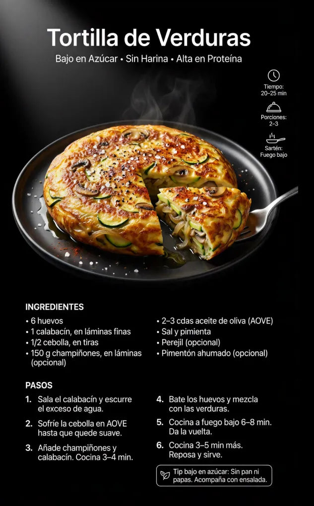 Low - sugar, flour - free, high - protein vegetable tortilla recipe with ingredients and steps.